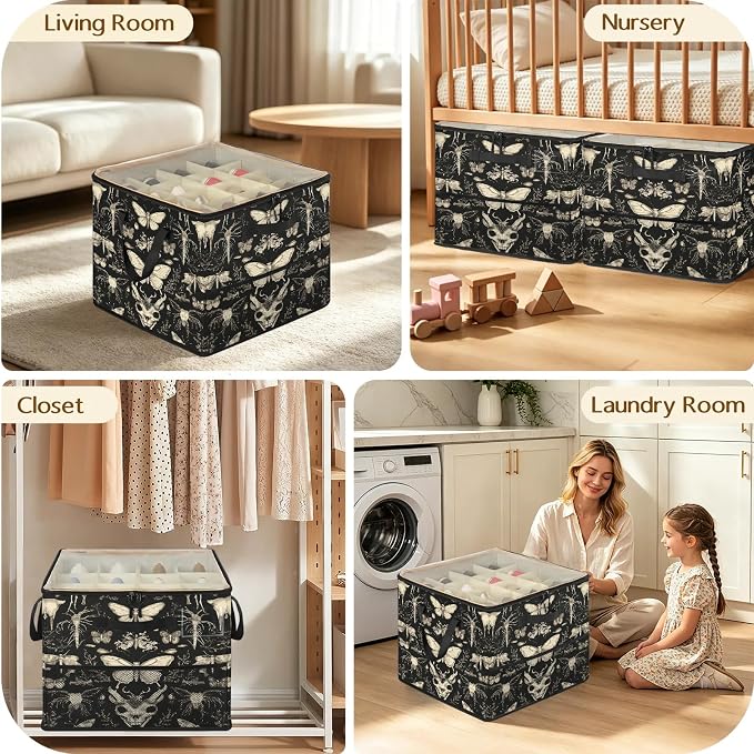TropicalLife Gothic Skull Moth Butterfly Shoe Organizer for Closet | Foldable Shoe Storage Organizer Box Bin with Adjustable Dividers and Clear Cover, Fits up to 16-32 Pairs