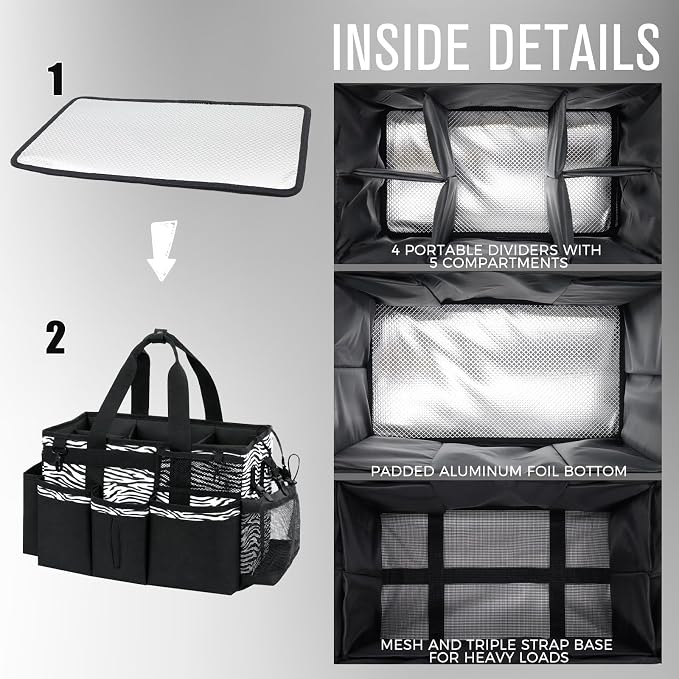 SCAVATA Wearable Cleaning Caddy, Cleaning Caddy Supplies Organizer with Handle & Shoulder Straps for Housekeepers, Under Sink & Car Cleaning Tool Organizers Bag with 4 Foldable Divider (ZebraStripe)