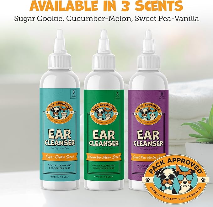 Pack Approved Cat & Dog Ear Cleaning Solution - Helps Remove Wax, Debris, and Dirt - Non-Stinging, Non-Burning Daily Use Formula - Cat & Dog Ear Wash for Itchy Ears - Sweet Pea & Vanilla Scent (8oz)