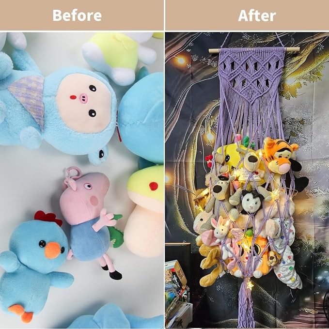 63Inch Stuffed Animal Storage Net Corner,Macrame Toy Hammock,Purple | Wall Ceiling Over Door Hanging Stuffed Animal Hammock Net,Plushies Organizer w/ Star Lights,Nursery Playroom Kid Room Decor