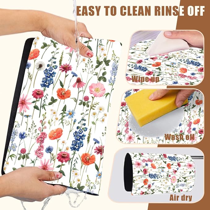 Watercolor Flowers Coffee Mat Absorbent Dish Drying Mat for Kitchen Counter Hide Stain Rubber Backed Coffee Bar Accessories Fit Under Espresso Machine Dish Rack 11.8 x 19.7 Inch