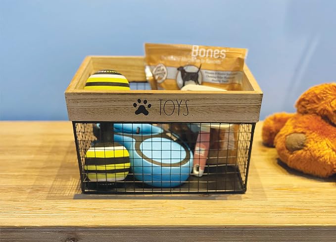 SmartSniffs Pet Toy Storage - Metal & Wood Dog & Cat Toy Bin - Organizer for Accessories, Leash, Blanket, Food - Container Baskets for Dogs & Cats, 9.75" x 8" x 6