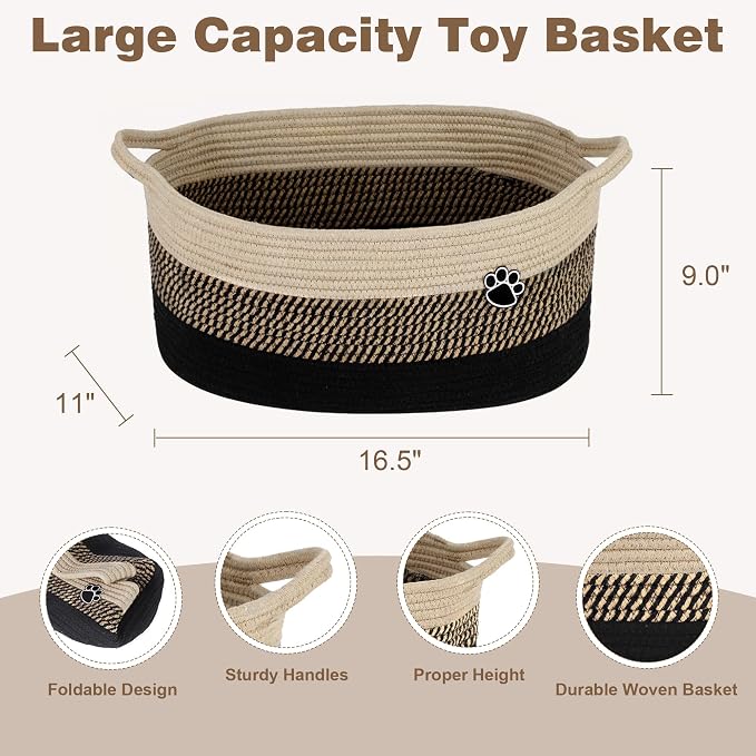 Optish 25L Dog Toy Basket,16.5" x 11" x 9" Medium Toy Storage Box and Bin with Handles, Woven Rope Foldable Basket for Blankets, Living Room, Bedroom, Home Decor, Black & Brown