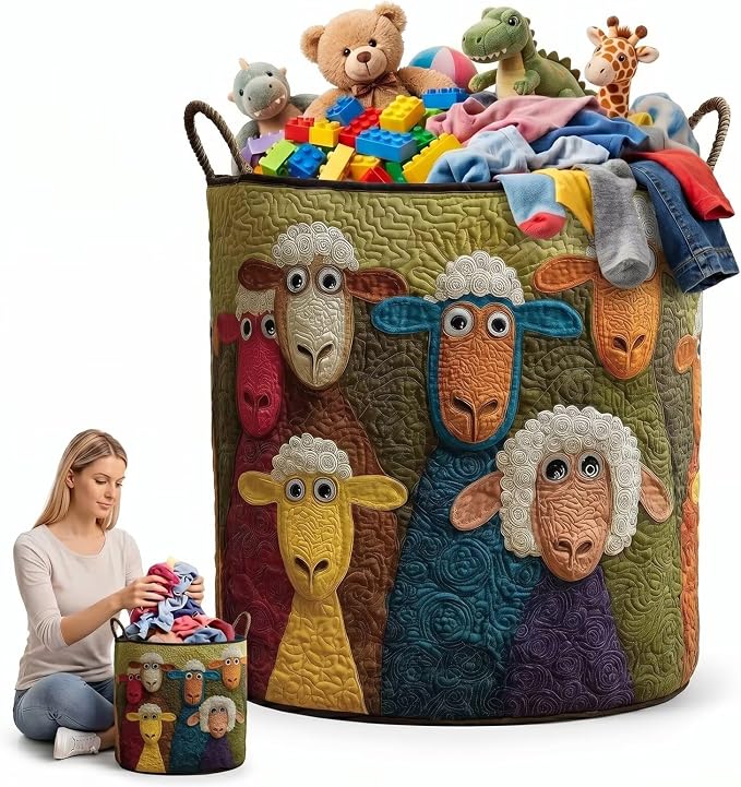 Cute Sheep Laundry Basket Quilted Colorful Lamb Clothes Hamper Farmhouse Canvas Toy Storage Bin Round Fabric Blanket Organizer Bag(14"x 18")