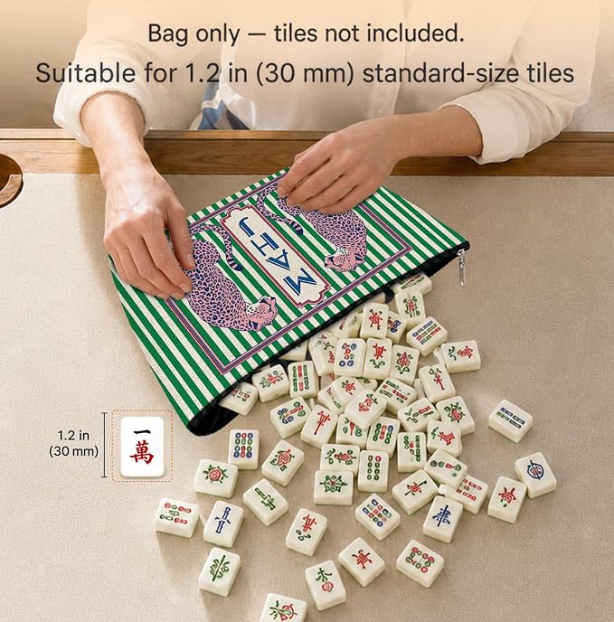 Trendy Leopard Cheetah Empty Mahjong Tile Bag 13x7.8 Inch | Pink Green Printed Portable Travel Case Organizer Zipper Pouch for American Mahjong Tiles Game Night Accessories and Gifts