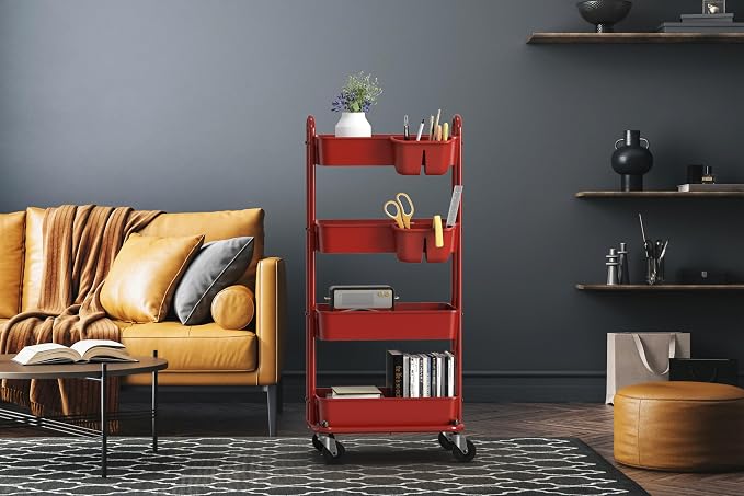 Simple Houseware 4-Tier Rolling Utility Cart with Hanging Bucket, Red | Storage for Bathroom, Kitchen, Office, Study Room, Nursery Diaper