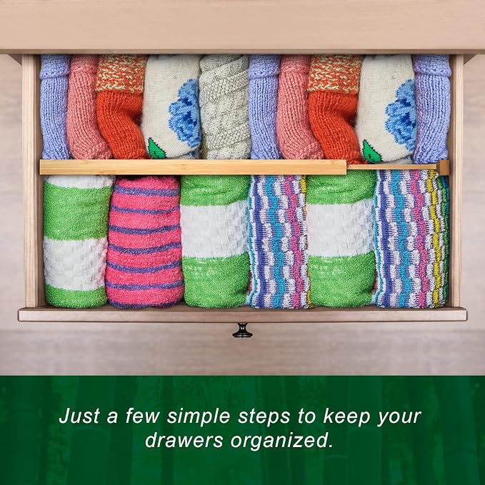 4 Pack Bamboo Drawer Dividers 2.6" High, Adjustable from 12 Inch to 17 Inch | Expandable Kitchen Drawer Organizer Separators for Clothes, Kitchen, Bedroom, Dresser, Office (Beige)
