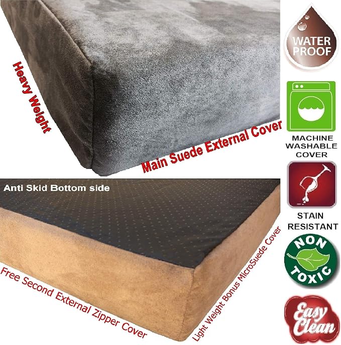 Dogbed4less Orthopedic Gel Memory Foam Pet Dog Bed, Waterproof Liner with External Microsuede Cover and Bonus Antislip Cover (Microsuede Gray, 37"X27"X4" Inches)