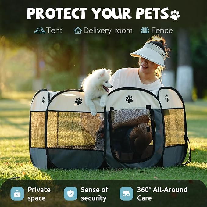 SENCONE Portable Pet Playpen for Cats, Kittens, Puppies, Indoor/Outdoor, L | Pop-Up/Fold-Flat Tent for Storage/Travel • Play & Exercise Pen for Small/Growing Pets • Recovery & Whelping Space • Grey