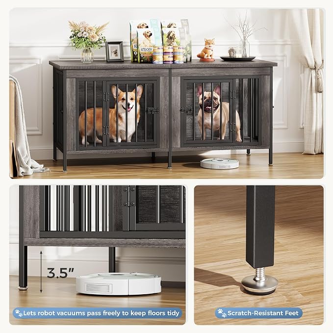DUMOS 54" Dog Crate Furniture for 2 Dogs with Divider, Gray Wood Grain | Wooden Dog Kennel Furniture, Small Breed Center Divider and Double Doors, Heavy Duty Indoor Dog Cage, TV Stand, Side Table