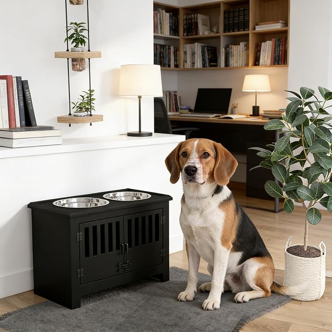 Dog Feeding Station with Storage, 2 Stainless Steel Bowls, Black, Elevated Dog Bowl Holder, Dog Feeder Stand, Wooden Dog Food Organizer for Indoor, Dog Food Storage Cabinet