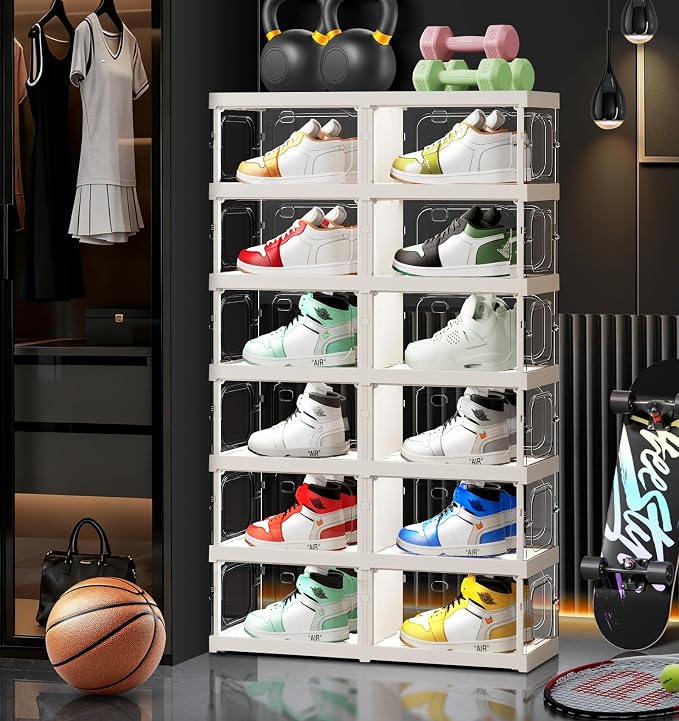 CIMLORD 6-Tier Foldable Shoe Rack Organizer, Magnetic Doors,12 Pairs,White | Collapsible Plastic Shoe Cabinet, 4-Sided Clear Doors, Stackable, Fits High Shoes&Sneakers, Easy Assembly, Closet, Cloakroom