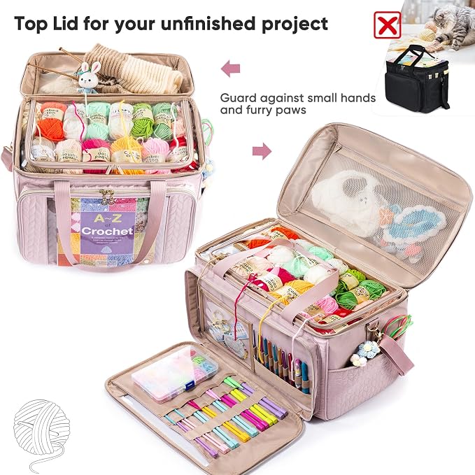 MYBAGZING Large Yarn Storage Bag,Crochet Bag Organizer,Yarn Bags for Crocheting,Crochet Storage Bag with Pockets for Crochet Hooks, Crochet Accessories,Knitting Bags,Gifts for Crocheters