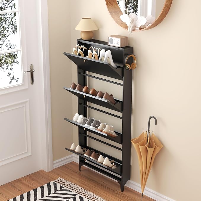 Shoe Cabinet with 4 Flip Drawers, Narrow Shoe Storage Cabinet, Farmhouse Shoe Organizer, Freestanding Organizer with Metal Legs for Entryway, Foyer (Black, 4 Door)