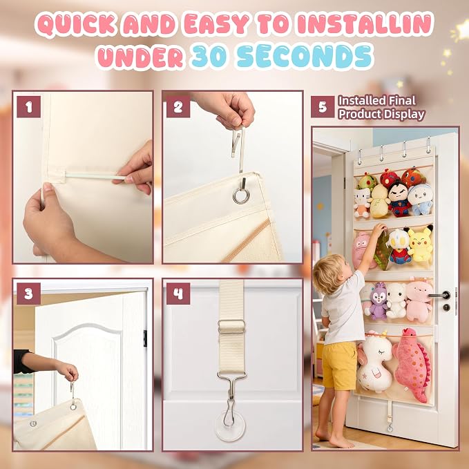 Over the Door Stuffed Animal Storage , 65" Hanging Mesh Toy Organizer with Support Rods & 4 Large Pockets, Extra Large Space-Saving Nursery Hammock for Plush Toys & Dolls with Meat Hook Beige