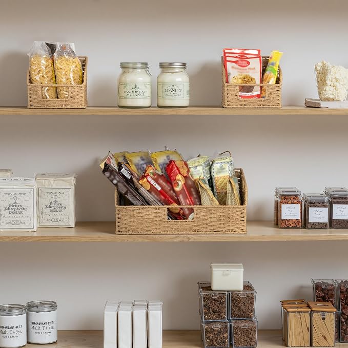 StorageWorks Paper Rope Shelf Baskets,Pantry Storage Baskets,Natural,3-Pack | Pantry Storage Baskets,Wicker Baskets with Handles,Handwoven Wicker Storage Baskets for Shelves,Pantry Organizers and Storage