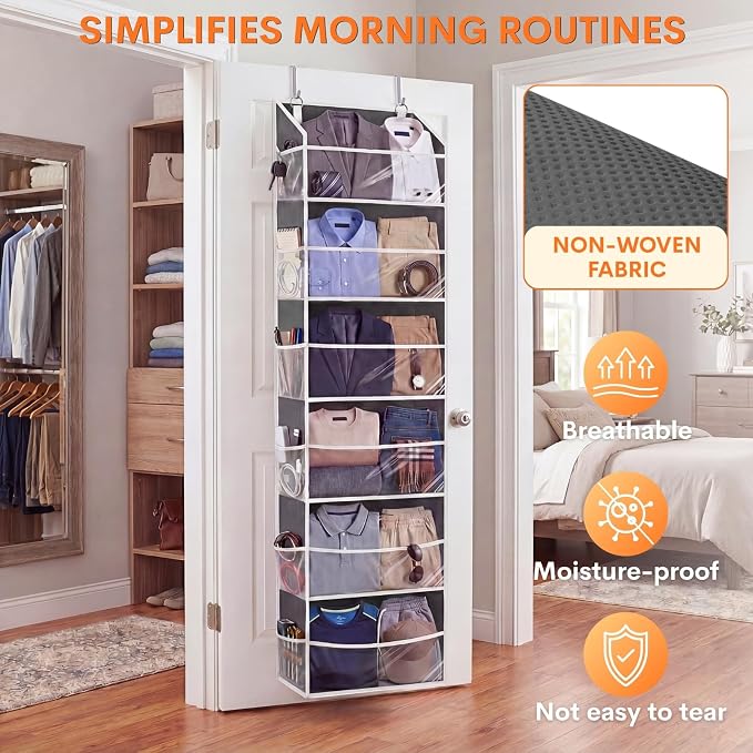 2 Pack Over Door Organizer with 6 Large Pockets | 6 Transparent Pockets & 12 Mesh Side, 80 lbs Weight Capacity Hanging Storage for Toys, Shoes, Diapers, Pantry