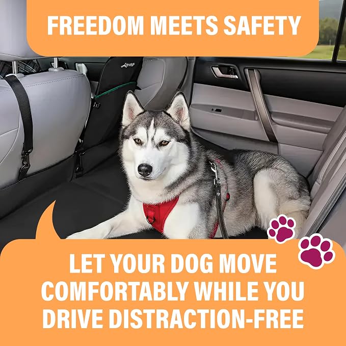Black Car Seat Belt for Dogs 2 Pack, Attaches to Harness & Collar, Adjusts 18" - 24" Safety & Comfort Travel Restraint System Fits Small - Large Pups, Seatbelt Pet Supplies & Accessories