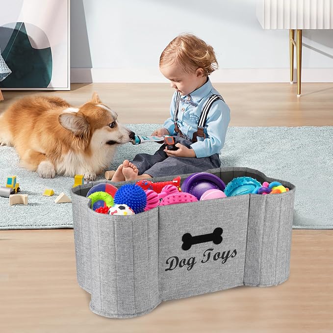 Large Dog Toy Basket Dogs Bone Basket Collapsible Dog Toy Bin Toy Box ,Pet Stuff Organizer, Fabric Puppy Toy Box with Diy Tag -Gray