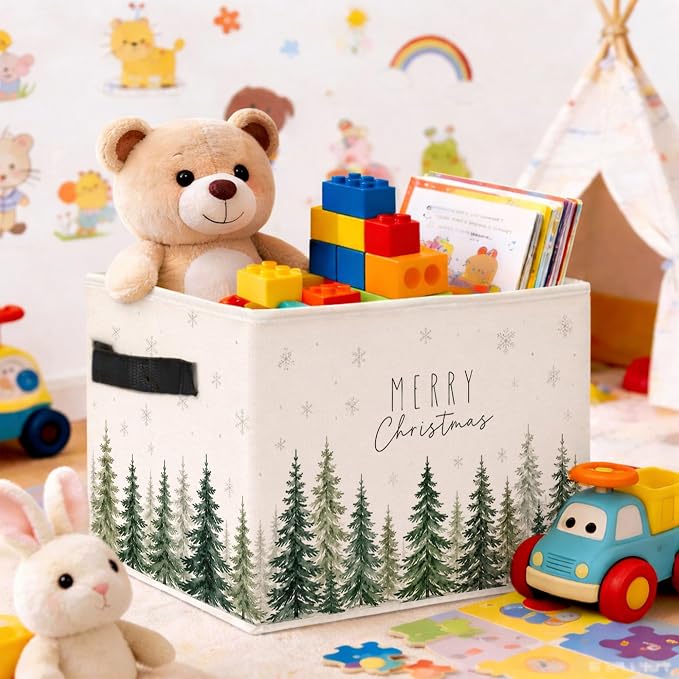 Merry Christmas Forest Storage Bin, Fabric Organizer | Merry Christmas forest storage bin with pine trees and snowflakes for toys, books, clothes, blankets, shelves, and closets.