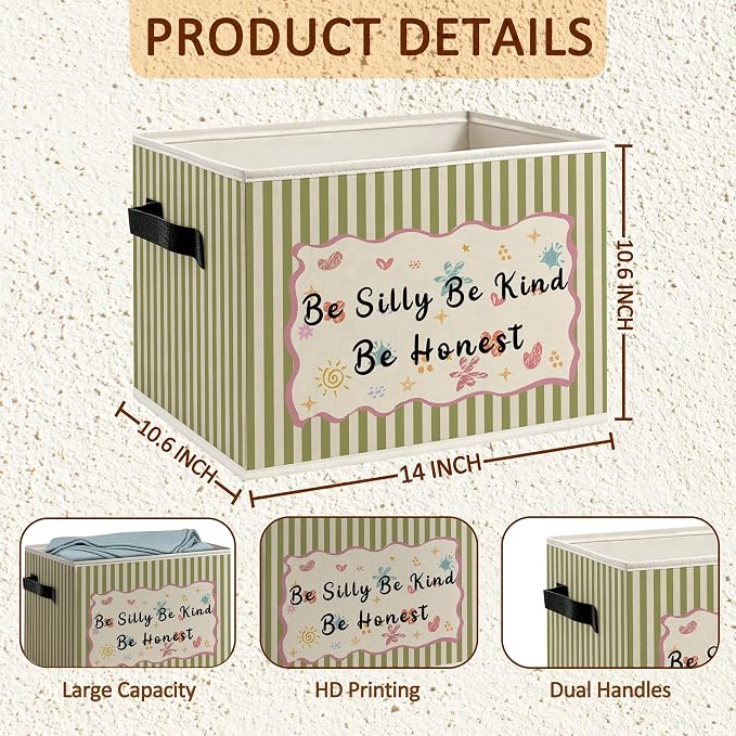 Inspirational Kids Foldable Storage Bins Box with Handles, Be Silly Honest Kind Motivational Green Striped Decorative Storage Boxes Baskets Toybox Organizer for Kids Nursery Room Classroom