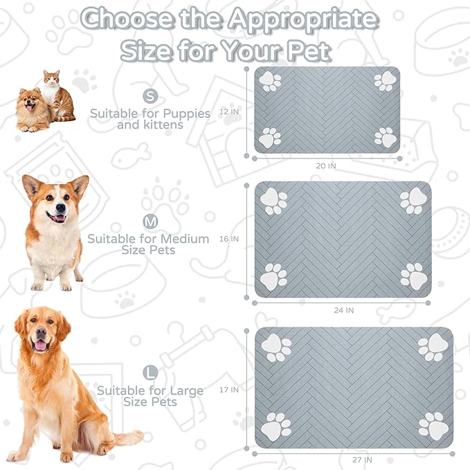 Pet Feeding Mat-Absorbent Dog Feeding Mat for Food and Water Bowl,No Stains Pet Placemat,Quick Drying Water Dispenser Mat for Dog and Cat,Easy to Clean Dog Accessories(L,Light Gray)