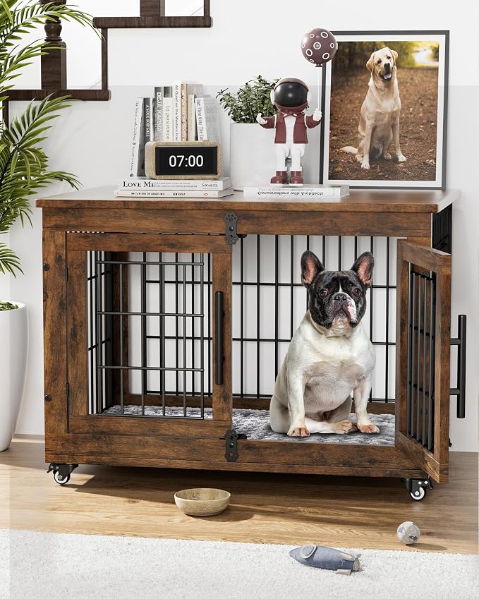 YaFiti Dog Crate Furniture, 32.5” Wooden Dog Kennel, 2 Pack, Rustic Brown | Cushion, Wheels, Double Doors, Furniture Style, Side End Table, Decorative Pet Cage House, Up to 45 lb, for Small/Medium Dogs