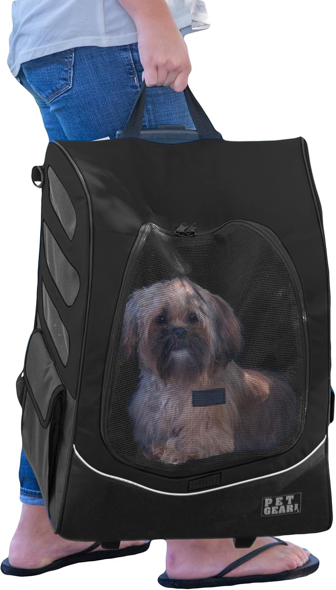 Pet Gear I-GO2 Roller Backpack, Large/X-Large Traveler Plus, Onyx | Travel Carrier, Car Seat for Cats/Dogs, Mesh Ventilation, Telescoping Handle, Storage Pouch, Included Tether