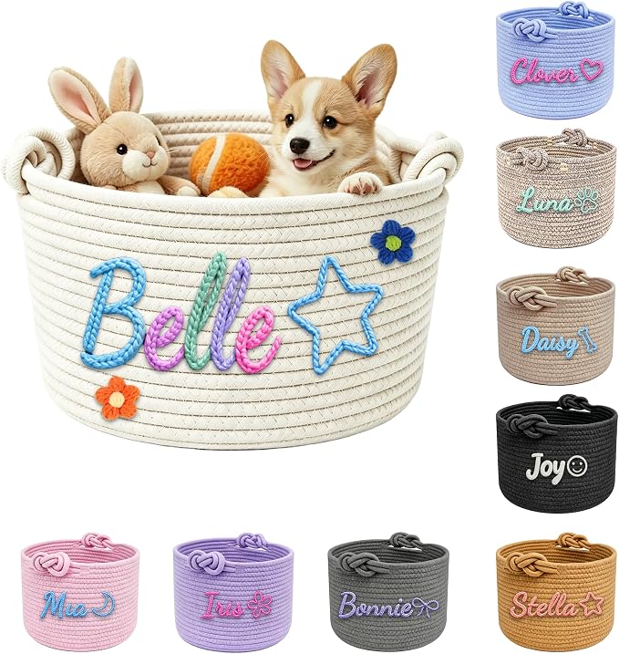 LAPE Personalized Dog Cat Toy Basket, Custom Pet Storage Bin with Name | Handwoven Cotton Rope Pet Basket, Dog Cat Toy Organizer, Treats Blankets Supplies, Gift for Pet Lovers