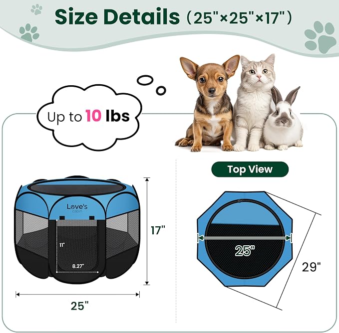 Love's cabin Pet Puppy Dog Playpen, Small Dog Tent Crates Cage Indoor/Outdoor, Portable Playpen for Cat, Foldable Pop Up Dog Kennel Playpen with Carring Case, Removable Zipper Top, Blue