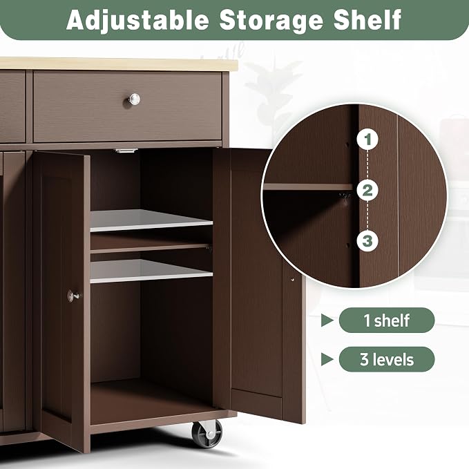 JY QAQA 39" Kitchen Island on Wheels with Storage Cabinet Kitchen Cart Cabinet with Shelves, Cart Handle for Towel Rack or Free Mobility, Portable Islands for Kitchen, Brown