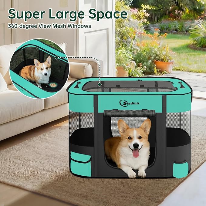 Siedihit 31" Dog Playpen,Cat Puppy Pen, Pet Portable Crate Indoor Outdoor | Durable Travel Camping Use,Foldable Dog Kennel Tent Cage for Rabbit Small Animals with Carrying Case(Green, Medium）