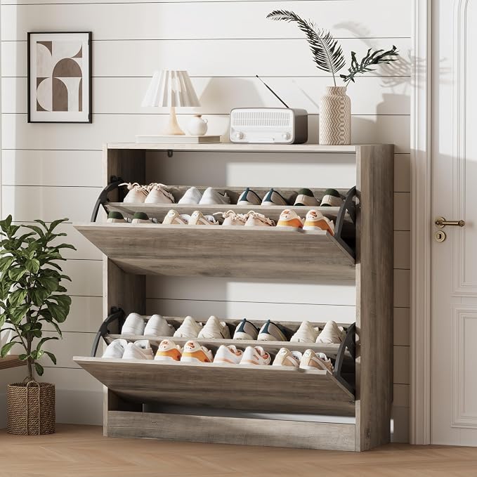 Xixini Shoe Storage Cabinet for Entryway with 2 Flip Drawers, Sturdy Wood Hidden Shoe Storage, Freestanding Narrow Slim Shoe Organizer for Front Door Entrance, Living Room, Hallway, Bedroom, Grey