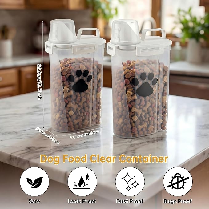 2 Pack Upgraded Dog Food Storage Container with Measuring Cup, Portable Pet Food Containers with Upgraded Large Spout and Cup for Dogs, Cats, Birds, Small Animals (Cream)