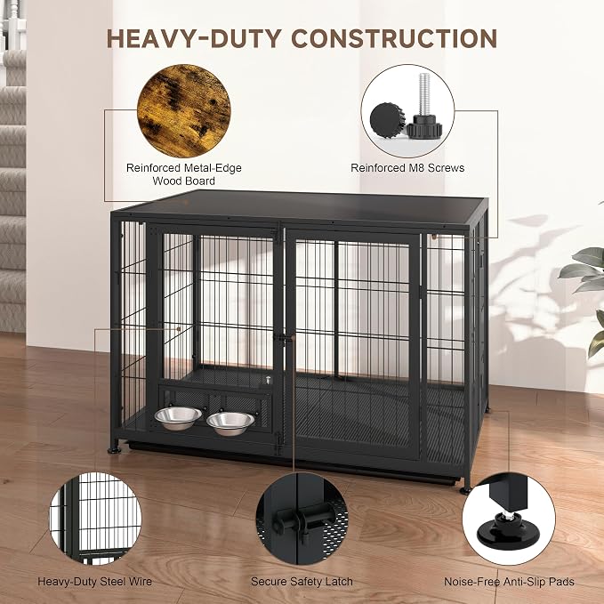 43.3" Heavy Duty Large Dog Crate with Wheels & Feeding Bowls, 3 in 1 Foldable Extra Large Dog Kennel & Playpen, Indestructible Escape-Proof Metal for Large Dogs, Indoor Outdoor, Black