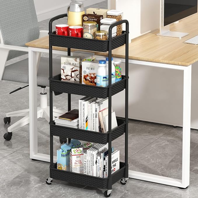 MOYIPIN 4-Tier Plastic Rolling Utility Cart with Handle, Black | Utility Storage Cart for Office, Living Room, Kitchen,Movable Storage Organizer，Easy installation，Rattan-like art design