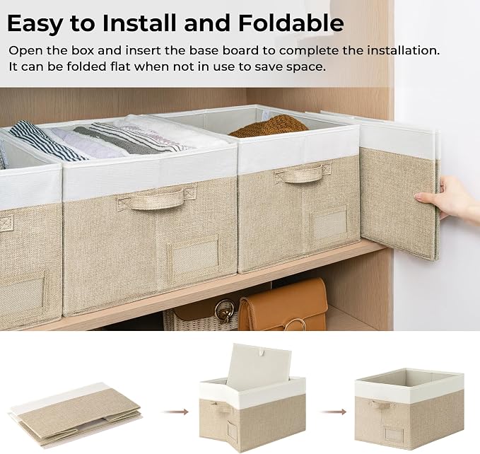 GRANNY SAYS Closet Storage Bins with Label, Khaki&Ivory, Large, 3-Pack | Closet Storage Bins, Large Fabric Storage Bins, Collapsible Clothing Storage and Organization, Decorative Storage Bins