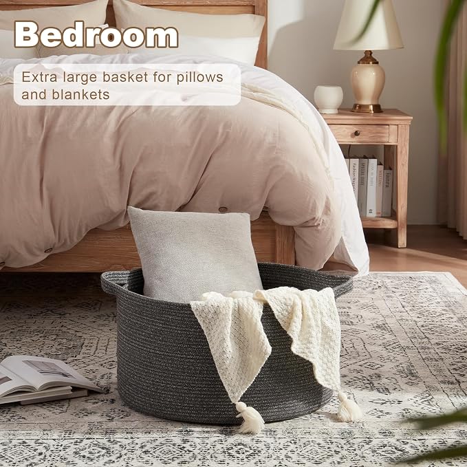 OIASKET Large Woven Baskets for Storage, 22.8" x 22.8" x 13" Blanket Storage Living Room, Baby Toy Basket for Clothes, Pillows, Towels, Shoe Basket for Entryway (Dark Grey)