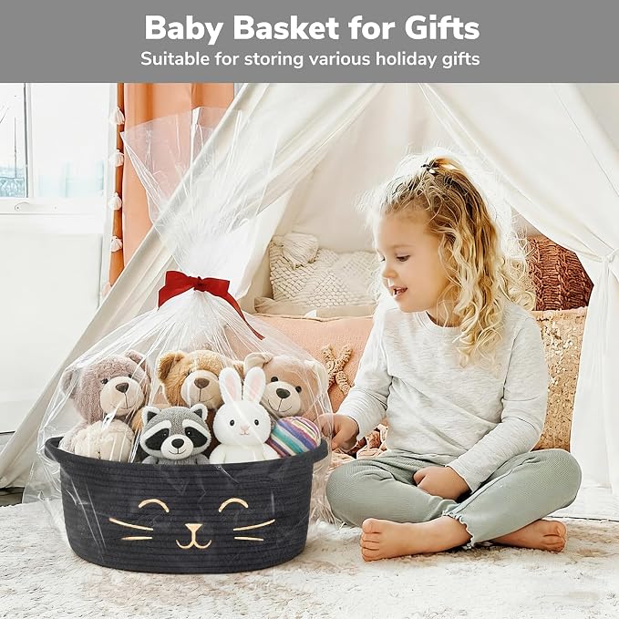 Medium Woven Rope Cat Toy Basket with Cat Face, Black | 13.8" x 6" Cat Toy Storage Bin for Living Room & Nursery, Boho Gift Basket Empty with Sturdy Handles, Cozy Cats Bed