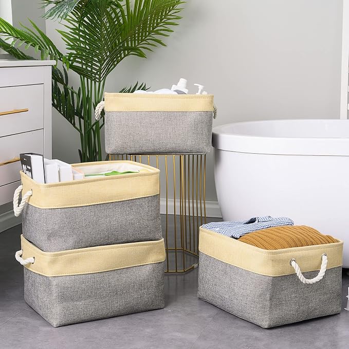 Storage Basket for Organizing - 3 Pack 14x10x7 inch Large Collapsible Storage Bin for Shelves, Fabric Storage Cubes for Organizer ClosetCloth Gift Toy (Grey & Gold)