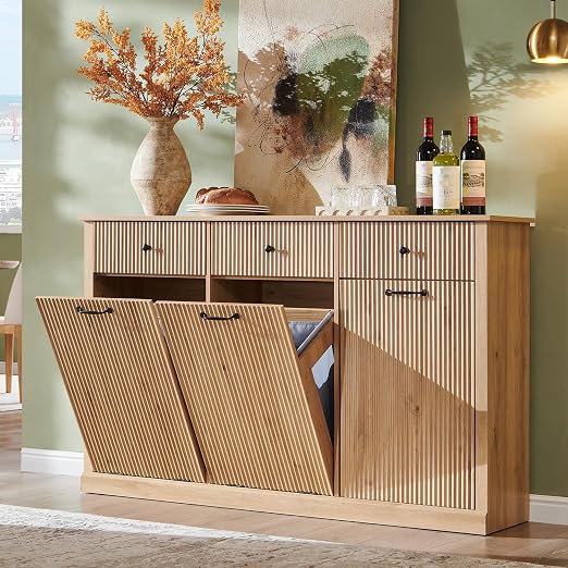 IFGET Triple Tilt Out Trash Can Cabinet, Modern Fluted Laundry Hamper Cabinet with 3 Drawers, 20 Gallon Hidden Wooden Garbage Can Cabinet w/Storage Basket & Adjustable Shelf, for Kitchen, Natural Oak