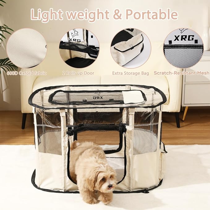 XRG Foldable Dog Playpen with pad，Indoor Cat Kennel L(35.4"x27.6"x23.6") | Portable Dog Crates with Upgrade Breathable Mesh，Sturdy Cat cage Indoor & Outdoor for Rabbit or Small Animals,Beige