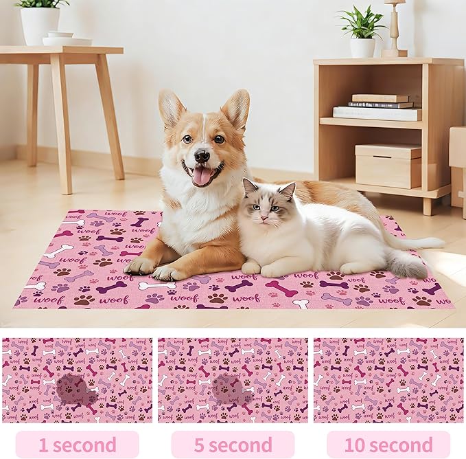 Dog Feeding Mat 30 x 17 Inch, Pink Paw Bone Woof Dog Placemat Absorbent Quick-Dry for Food and Water, Waterproof Non Slip Rubber Pet Bowl Pad Mat for Floors