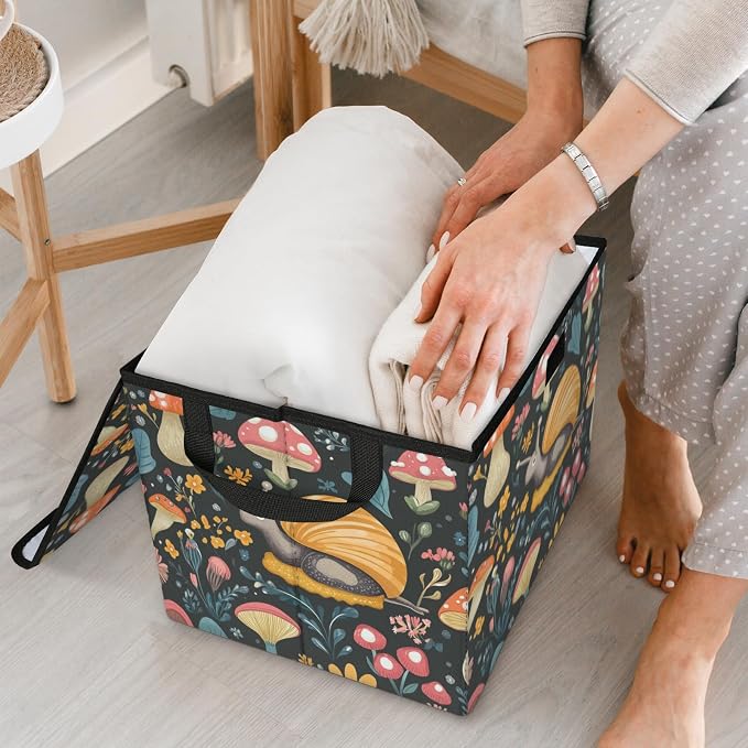 Snail Storage Bins with Lids, Boho Mushroom Foldable Storage Boxes with Carrying Handle Organizer Containers Baskets Cube for Home Bedroom Closet