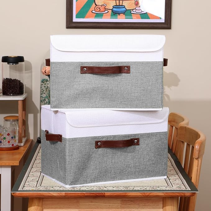 ANMINY Fabric Storage Box Bins with Lids, Gray White, 15"x10"x10", 4 Pack | Keepsake Memory Storage, Cotton Linen, PP Board Reinforced, Washable, PU Handles, Foldable & Stackable, Decorative, Large