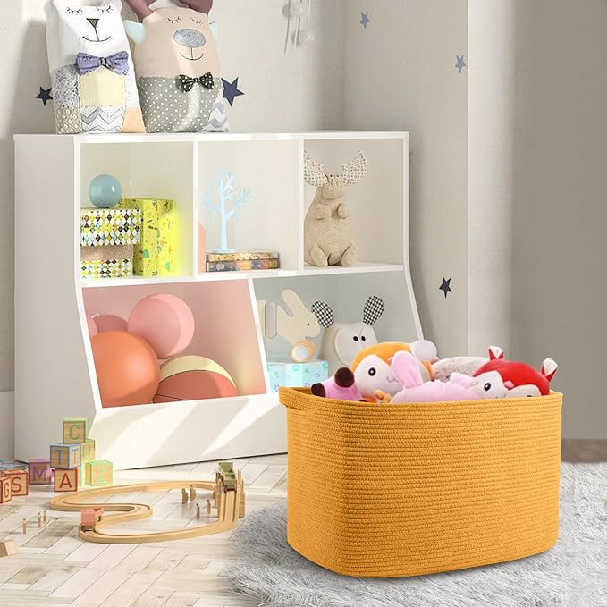 Extra Large Orange Storage Basket, 23.6" x 17" x 12" Rectangle Baskets for Organizing, Blanket Toy Bin Organizer, Colorful Woven Cotton Rope Baskets for Decor