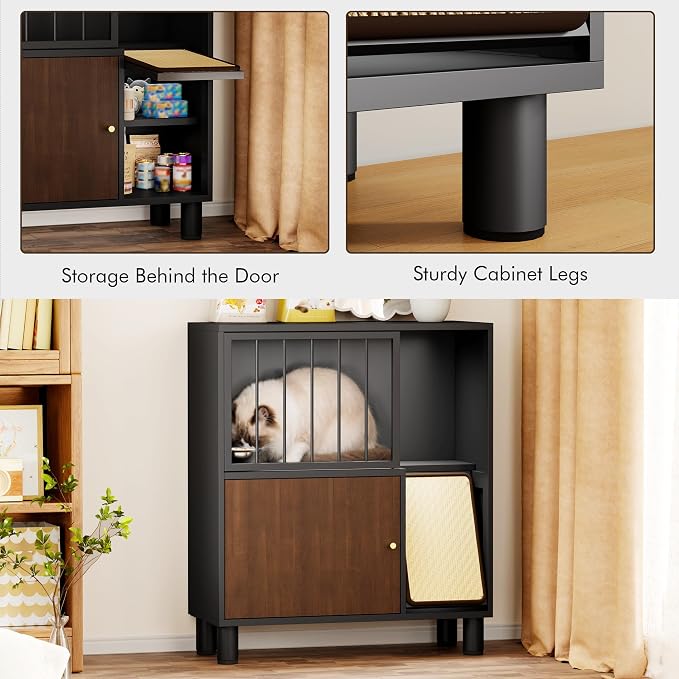 Dog Proof Cat Feeding Station, Metal Cat Feeding Cabinet, Black | Elevated Cat Feeding Station, Pet Food Station with Storage, Cat Bowl Stand, Scratching Board, Stainless Steel Bowls