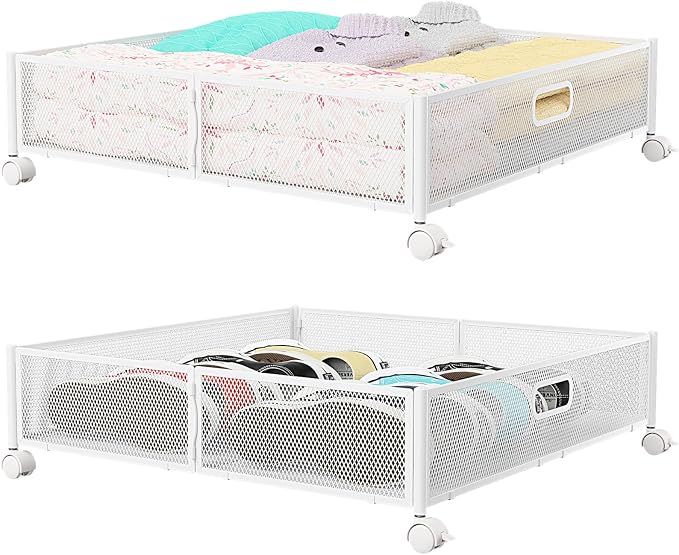 Under Bed Storage with Wheels & Handle,Metal,Large,2 Pack,White | Tool-free assembly, glide smoothly, easy reach, foldable, maxmazie low-profile beds, dorm, keep seasonal clothes, shoes fresh