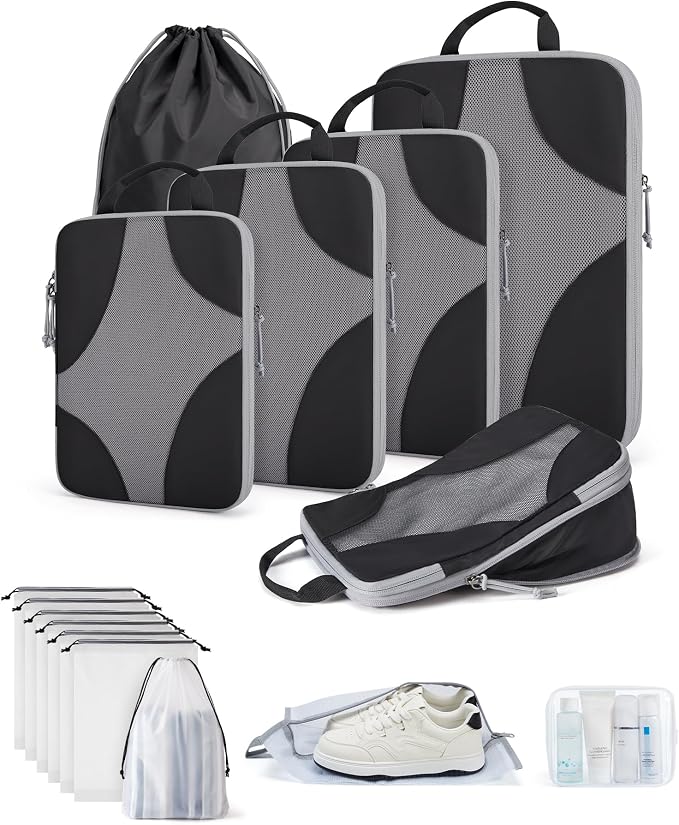 Bagsmart Compression Packing Cubes, Travel Bag Cruise Ship Essentials | Lightweight, Compressible Suitcase Organizer Set fit Standard Carry-On & Checked Luggage, 6 Set, 14 Set Washable Packing Bags