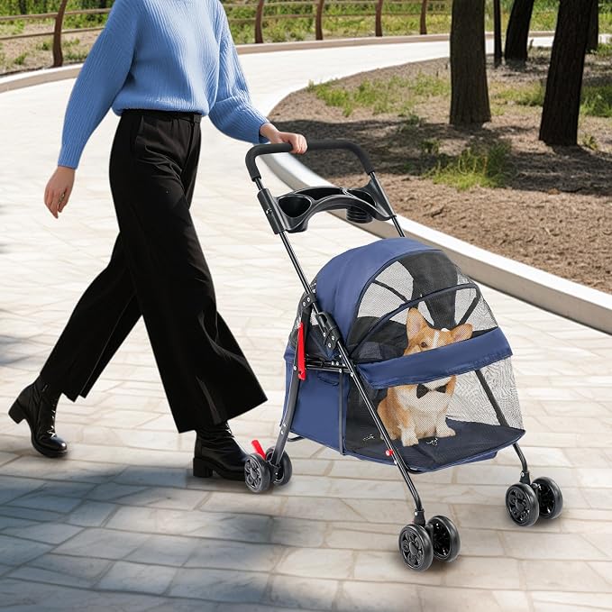 Foldable Pet Stroller with Mesh Windows, 40lbs Capacity Pet Carrier Cart with Locking Wheels, Breathable Cat & Dog Stroller for Small Animals, Foldable Pet Travel Cart for Outdoor (Navy Blue)
